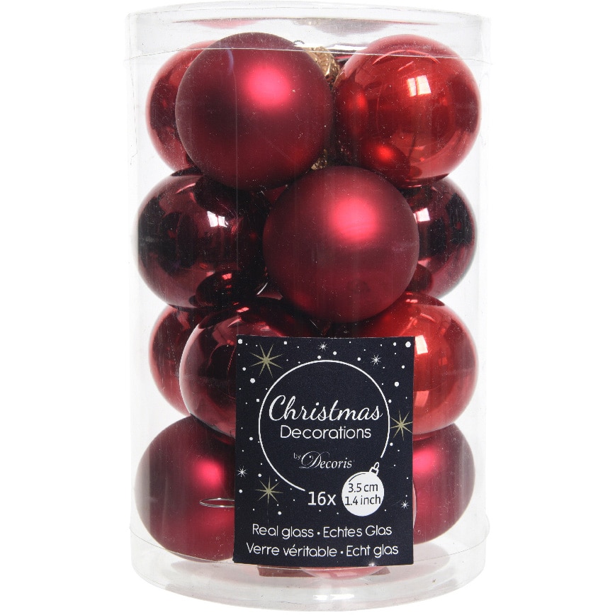 Set 16 globuri Craciun Decoris, sticla, 3.5 cm, nuante rosii