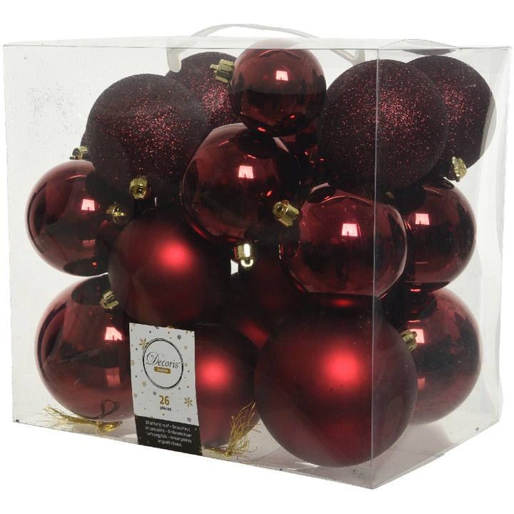 Комплект от 26 коледни топки Decoris, Пластмаса, 10 см, Бордо