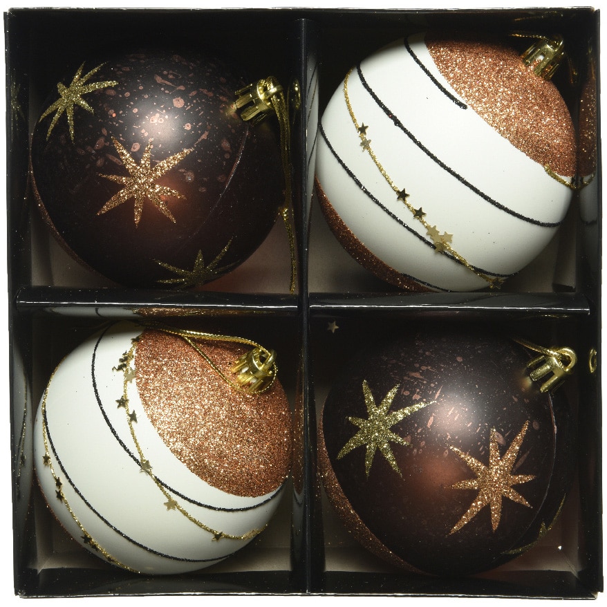 Set 4 globuri Craciun Decoris, plastic, 8 cm, alb/aramiu
