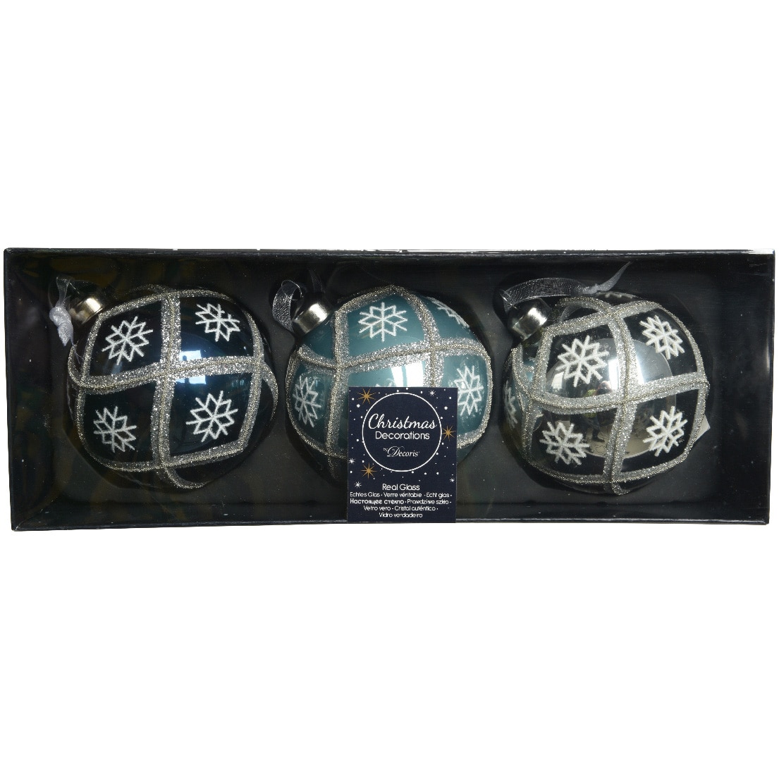 Set 3 globuri Craciun Decoris, sticla, 8 cm, argintiu/albastru