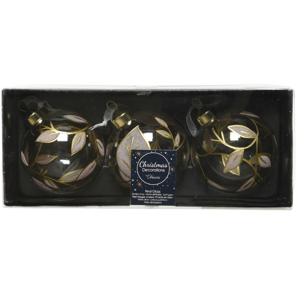 Set 3 globuri Craciun Decoris, sticla, 8 cm, design, transparent/auriu