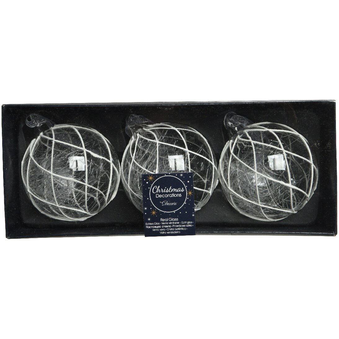 Set 3 globuri Craciun Decoris, sticla, 8 cm, design frozen, transparent/alb