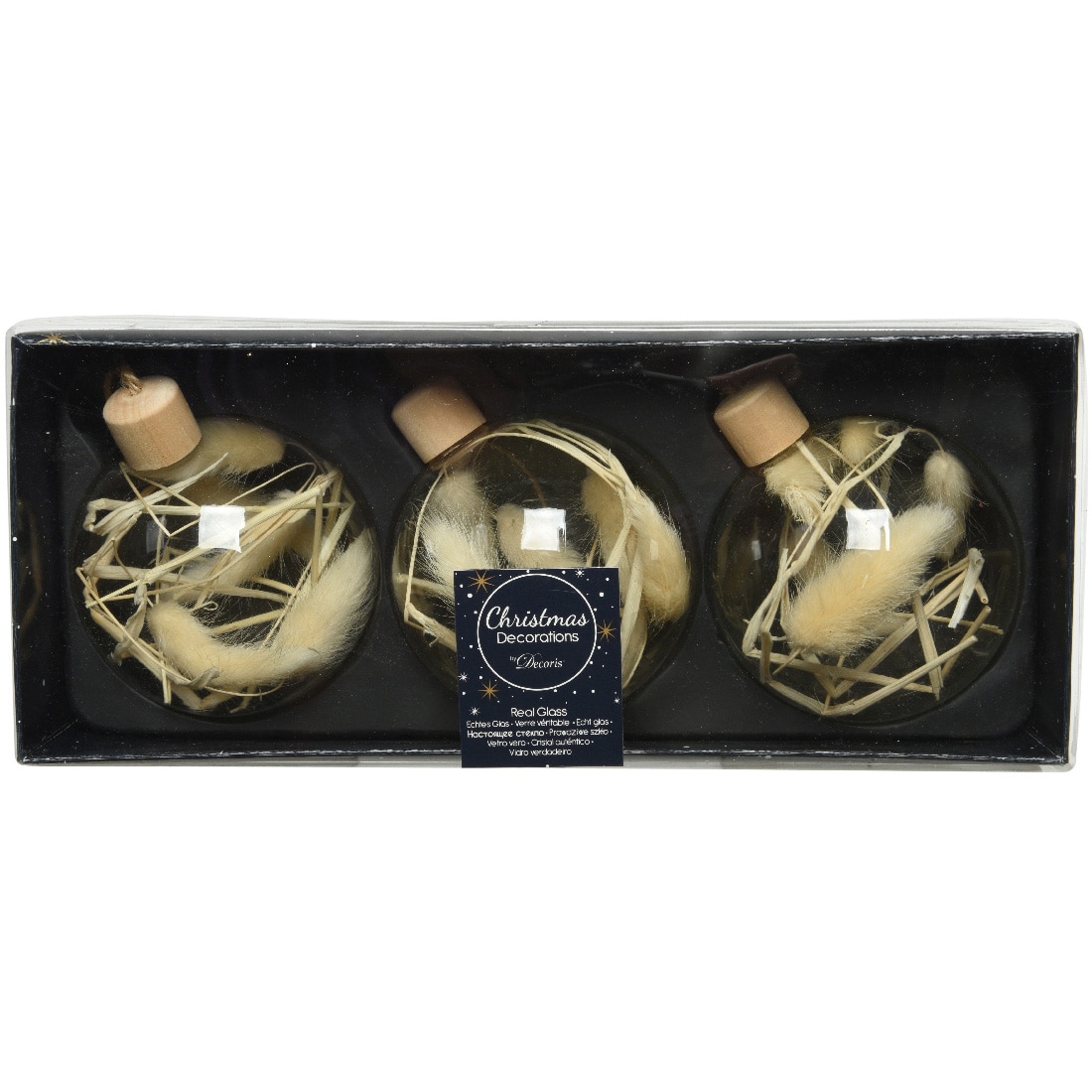 Set 3 globuri Craciun Decoris, sticla, 8 cm, design wood, transparent