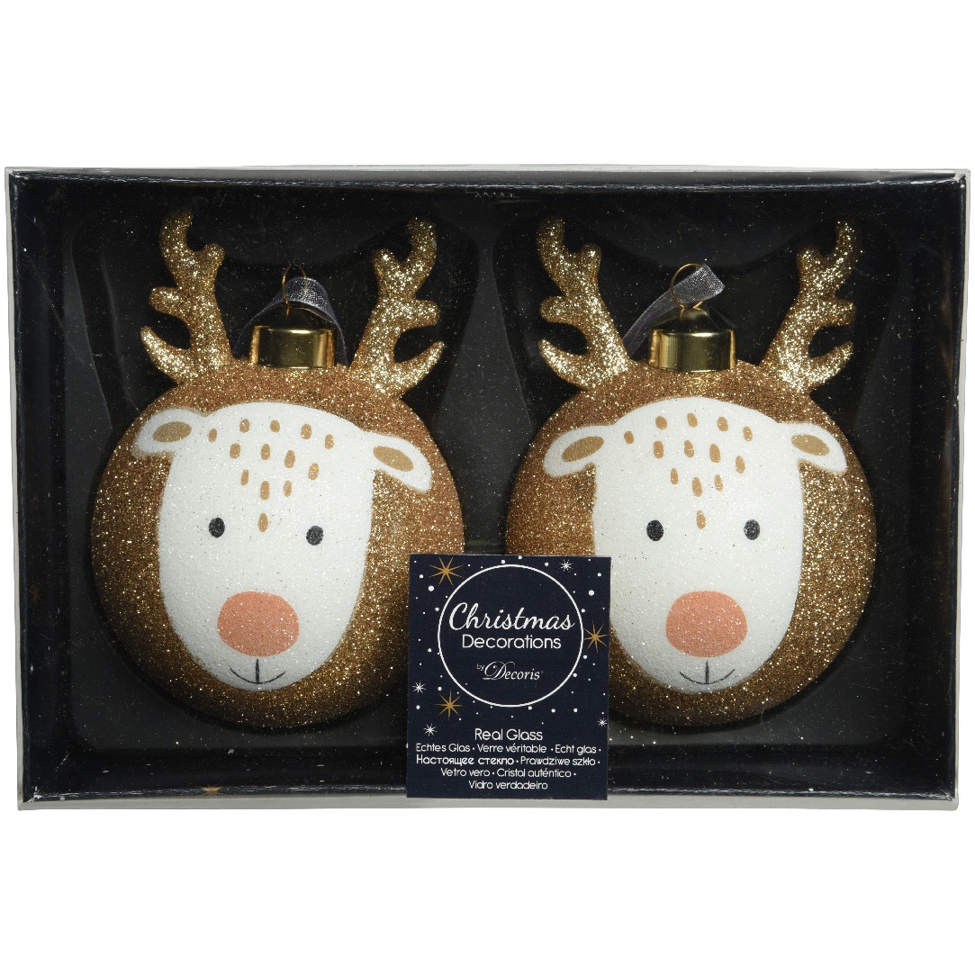 Set 2 globuri Craciun Decoris, sticla, 8 cm, design ren, alb/auriu