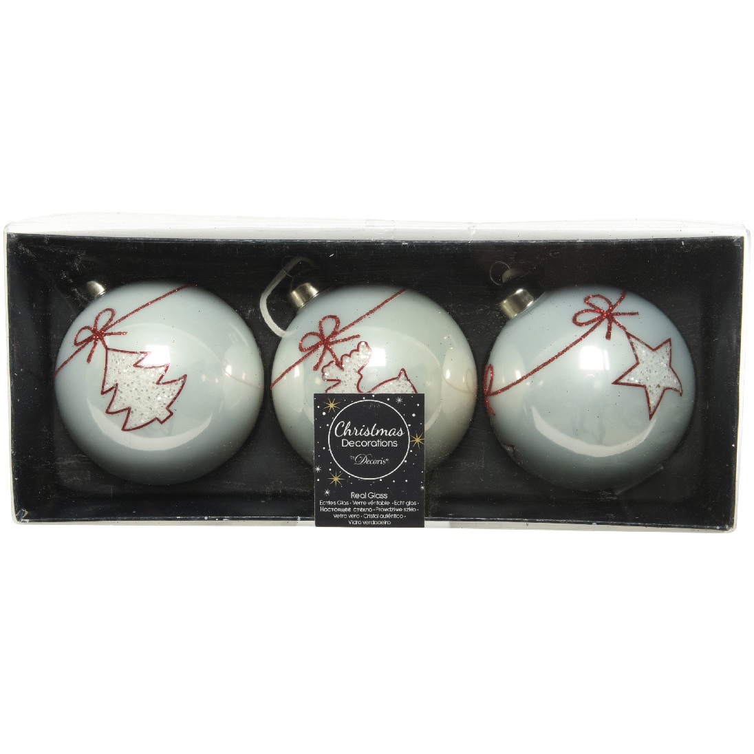 Set 3 globuri Craciun Decoris, sticla, 8 cm, design, alb cu model