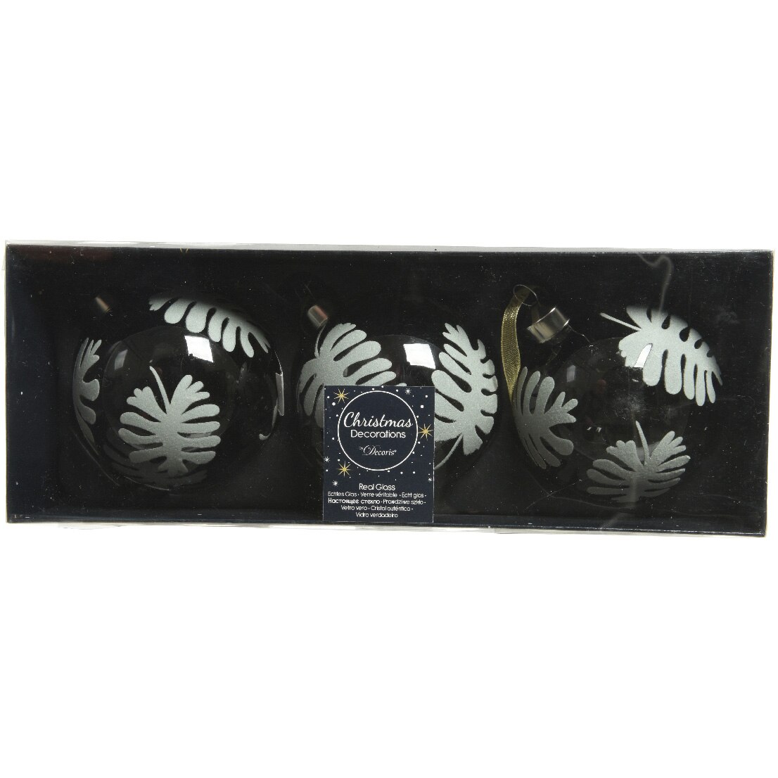 Set 3 globuri Craciun Decoris, sticla, 8 cm, design frunza de palmier, transparent