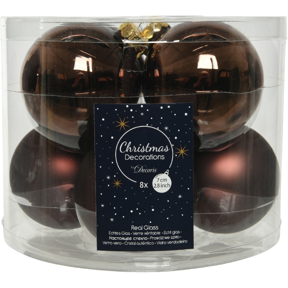 Set 8 globuri Craciun Decoris, sticla, 7 cm, maro