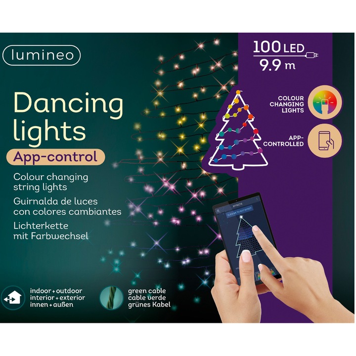 Instalatie Craciun Lumineo, 100 LED-uri 990 cm, lumina multicolora, interior/ exterior, cu aplicatie