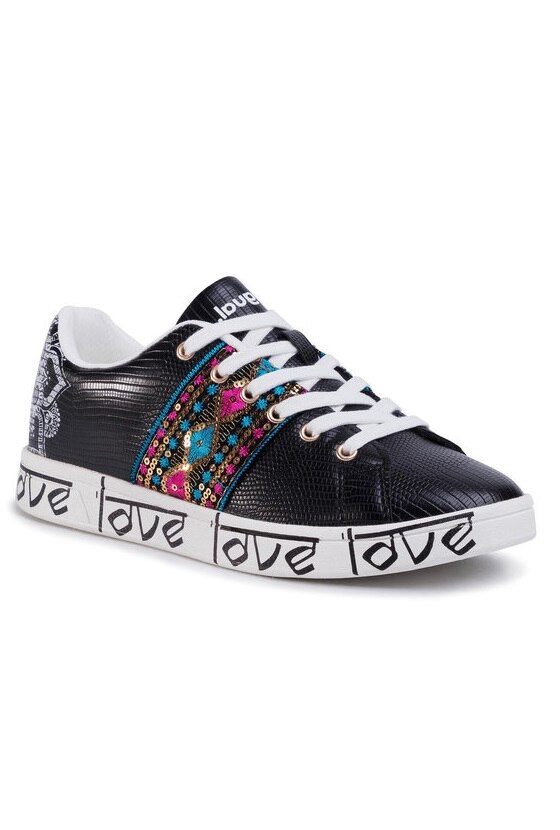 Pantofi sport de piele ecologica cu aspect de piele de sarpe , Desigual, Negru