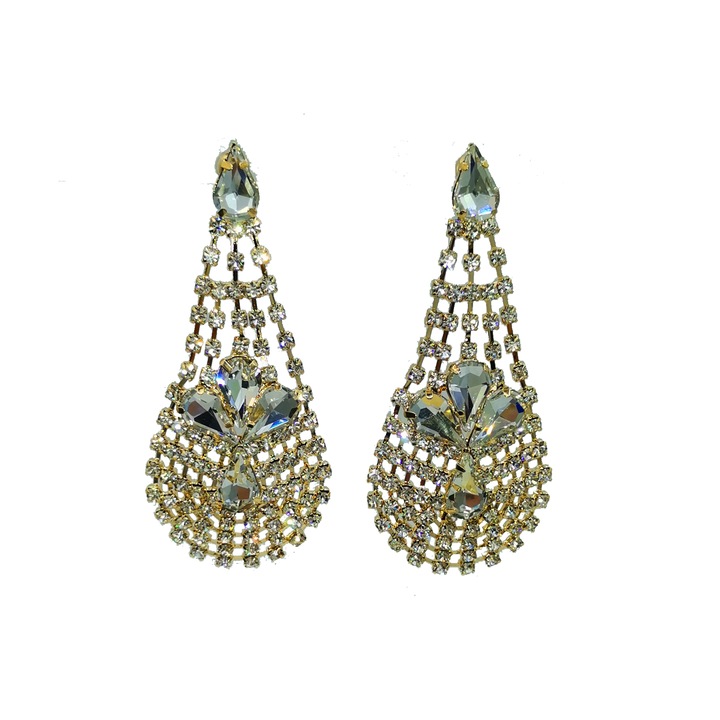 Cercei dama, Aliaj metalic, Cristale, Auriu, Para, 8 x 3,5cm, 20g