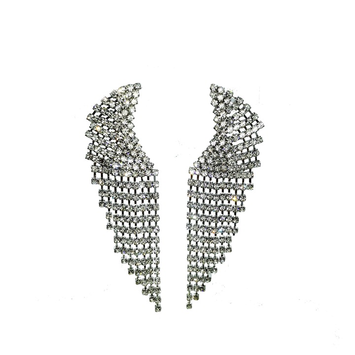 Női fülbevaló, Fémötvözet, Kristályok, Ezüst, Hosszú félhold, 11 x 3cm, 20g