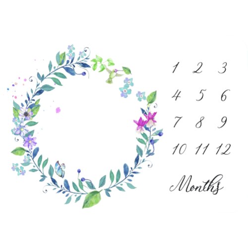 Paturica aniversara Milestone cu rame pentru fotografii bebelusi - flori, alb/verde, 70 x 100 cm