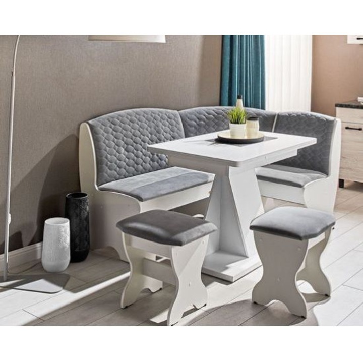 Yana konyhai sarokgarnitúra, 2 székkel, asztallal, ládával, fehér és szürke, 161.5 x 121.5 x 92 cm, 4C