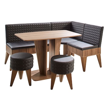 Set coltar bucatarie YANA, cu 2 tabureti SI masa, cu lada, nuc cu negru, 171 x 122 x 84 cm, 4C Set coltar bucatarie YANA, cu 2 tabureti SI masa, cu lada, nuc cu negru, 171 x 122 x 84 cm, 4C