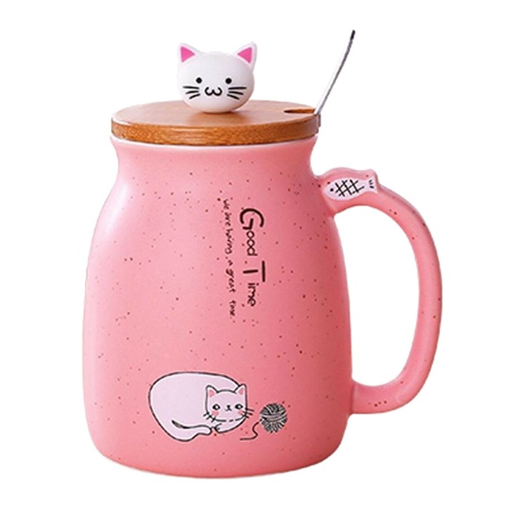 Cana pisica Felix roz ceramica, 350ml, Cu capac bambus si lingurita