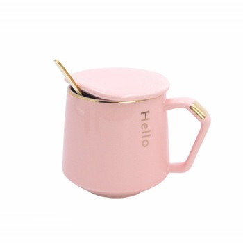 Cana cu capac din ceramica si lingurita Pufo Elegance pentru cafea sau ceai, 300 ml, roz