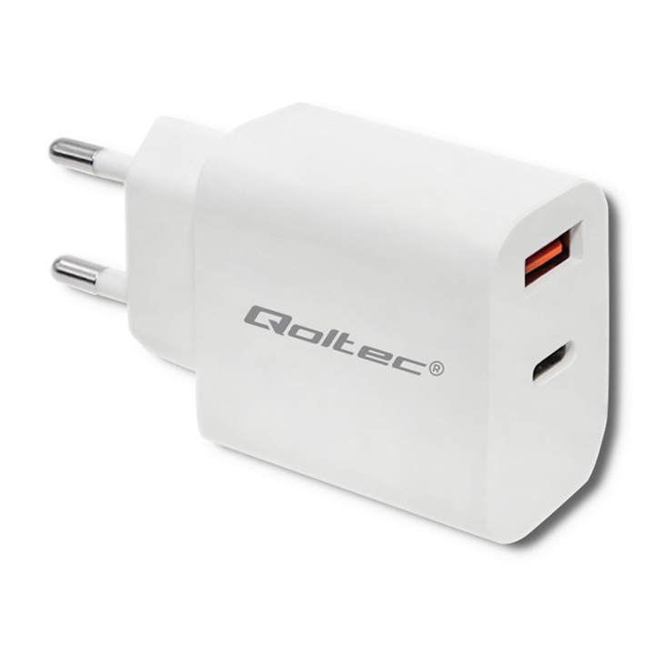 Qoltec hálózati töltő 18W | 5-12V | 1,5-3A | USB C típusú PD | USB QC 3.0 | Fehér