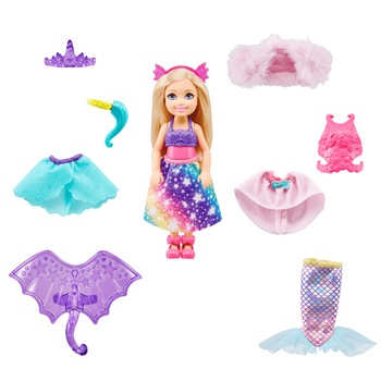 Set de joaca Barbie, papusa Chelsea cu 3 tinute, par blond, 3 ani+ Set de joaca Barbie, papusa Chelsea cu 3 tinute, par blond, 3 ani+