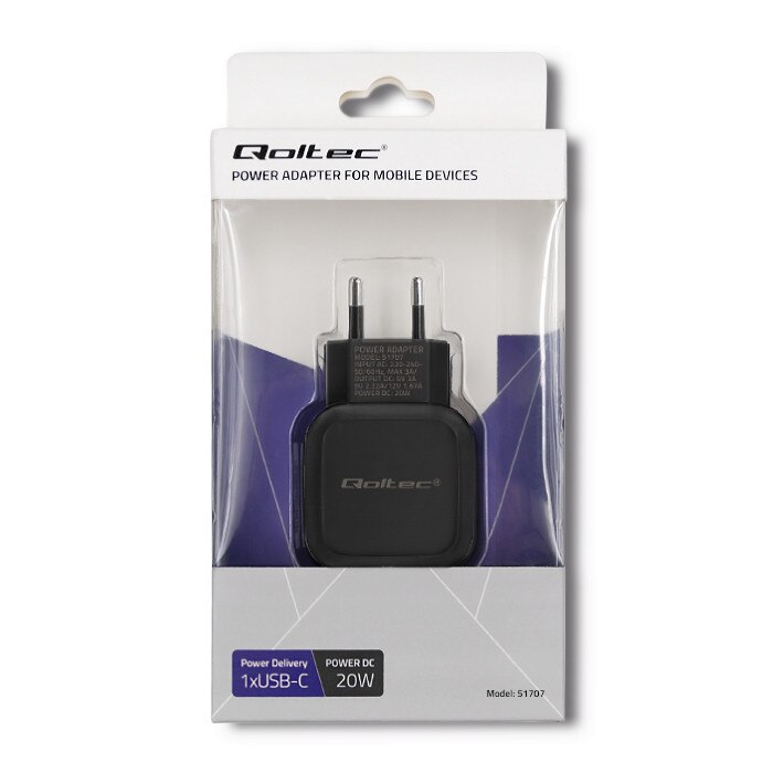 Incarcator de retea Qoltec, 20W, 5-12V, 1.67-3A, USB tip C, Negru