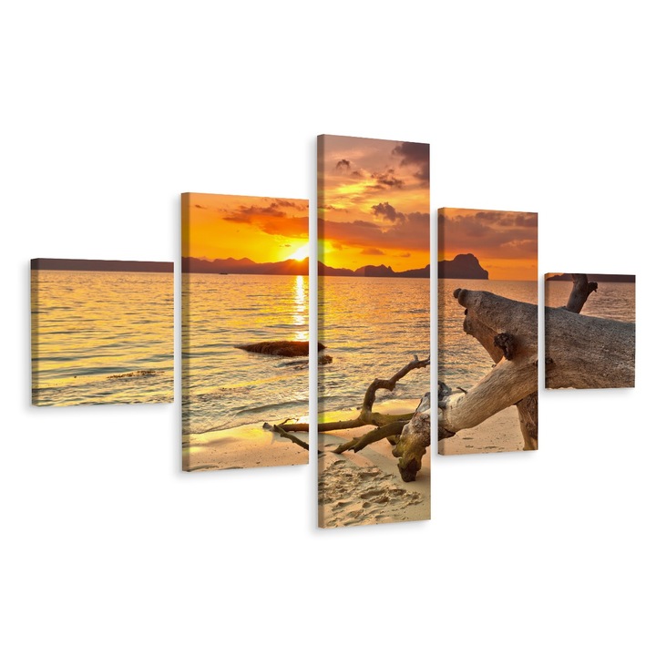Set Tablou 5 Piese MARE Plaja Soare 3D 200cm x 120cm Cer, Nori, Peisaj, Creative decor, Multicanvas, Panza pe cadru de lemn