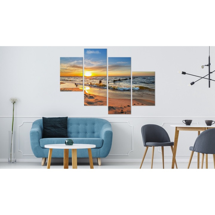 Комплект от 4 части Плажен залез 3D 160см x 100см Модерни декорации за дома, Слънце, Пейзаж, Канава