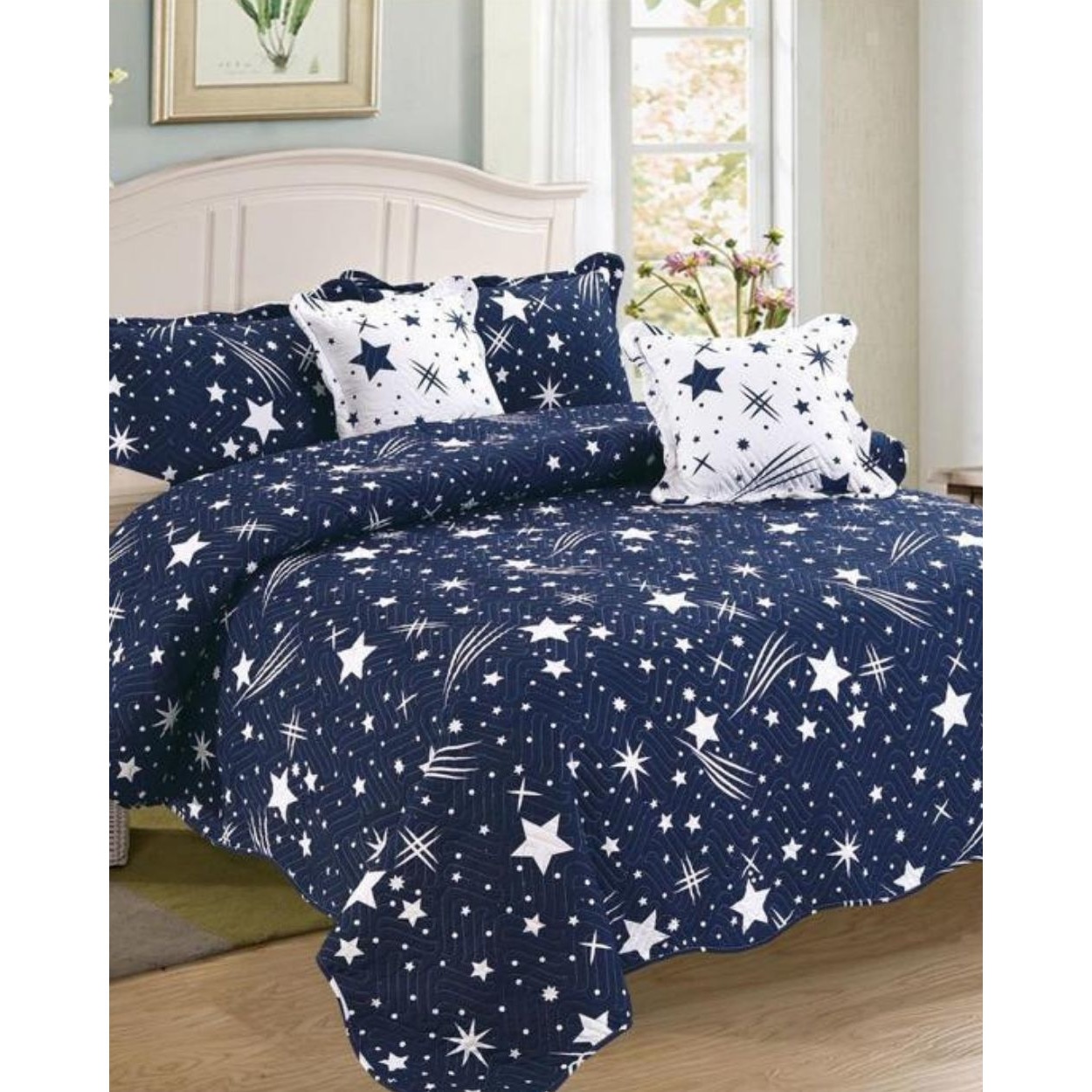 Set Cuvertura de Pat si 4 Fete de Perna, Finet, 5 piese, Stele Albe, CVY-03