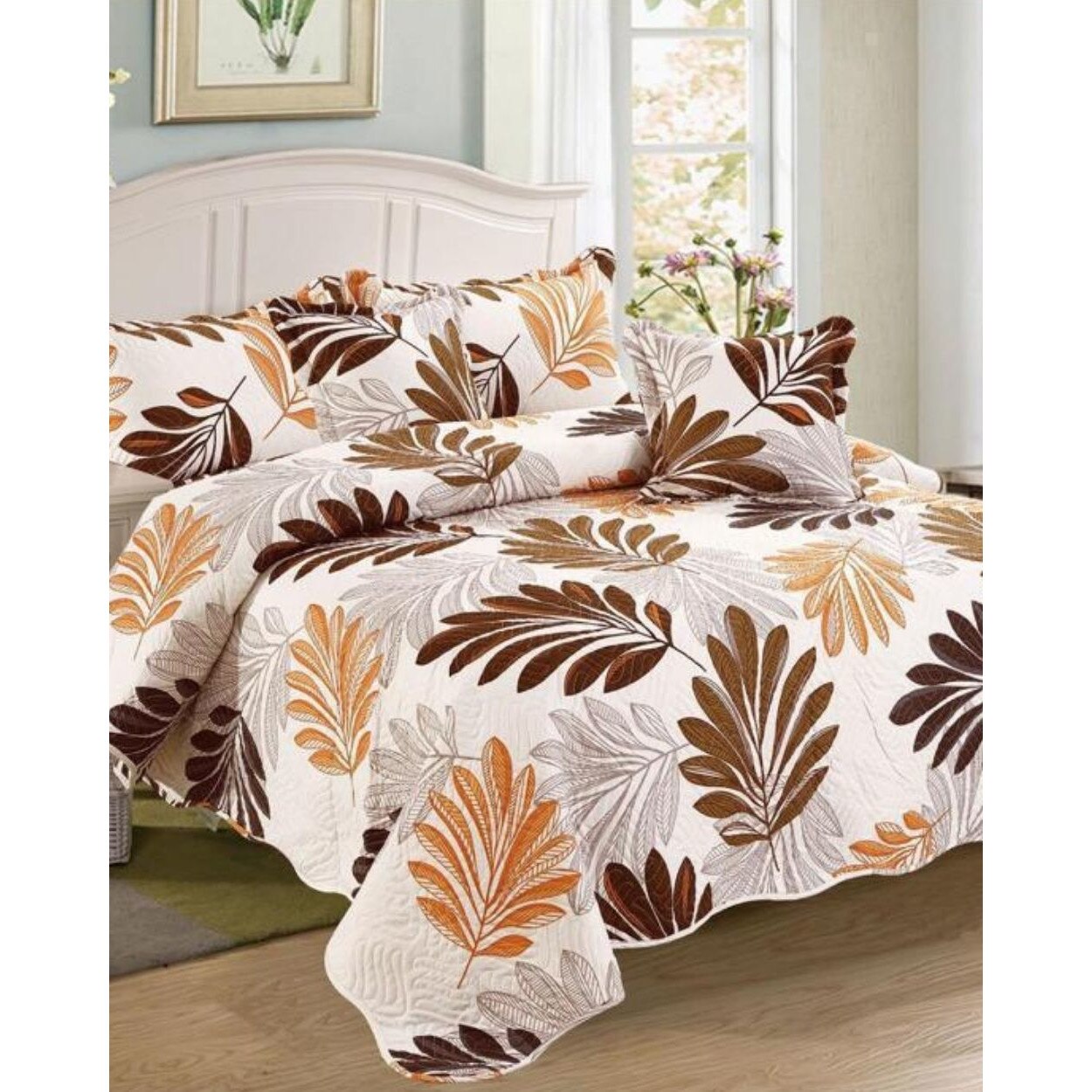 Set Cuvertura de Pat si 4 Fete de Perna, Finet, 5 piese, Frunze Mari, CVY-07