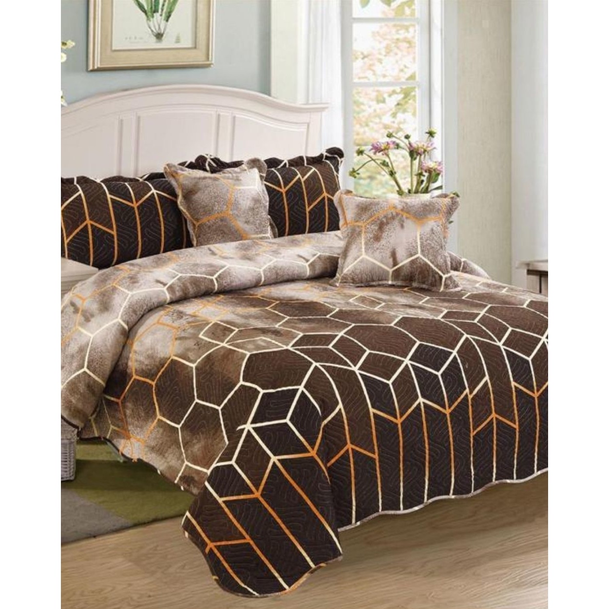 Set Cuvertura de Pat si 4 Fete de Perna, Finet, 5 piese, Brown Comb, CVY-16