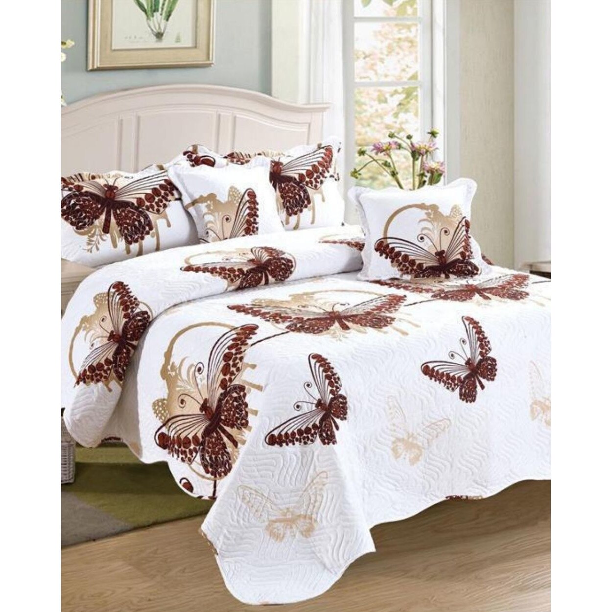 Set Cuvertura de Pat si 4 Fete de Perna, Finet, 5 piese, Brown Butterflies, CVY-18