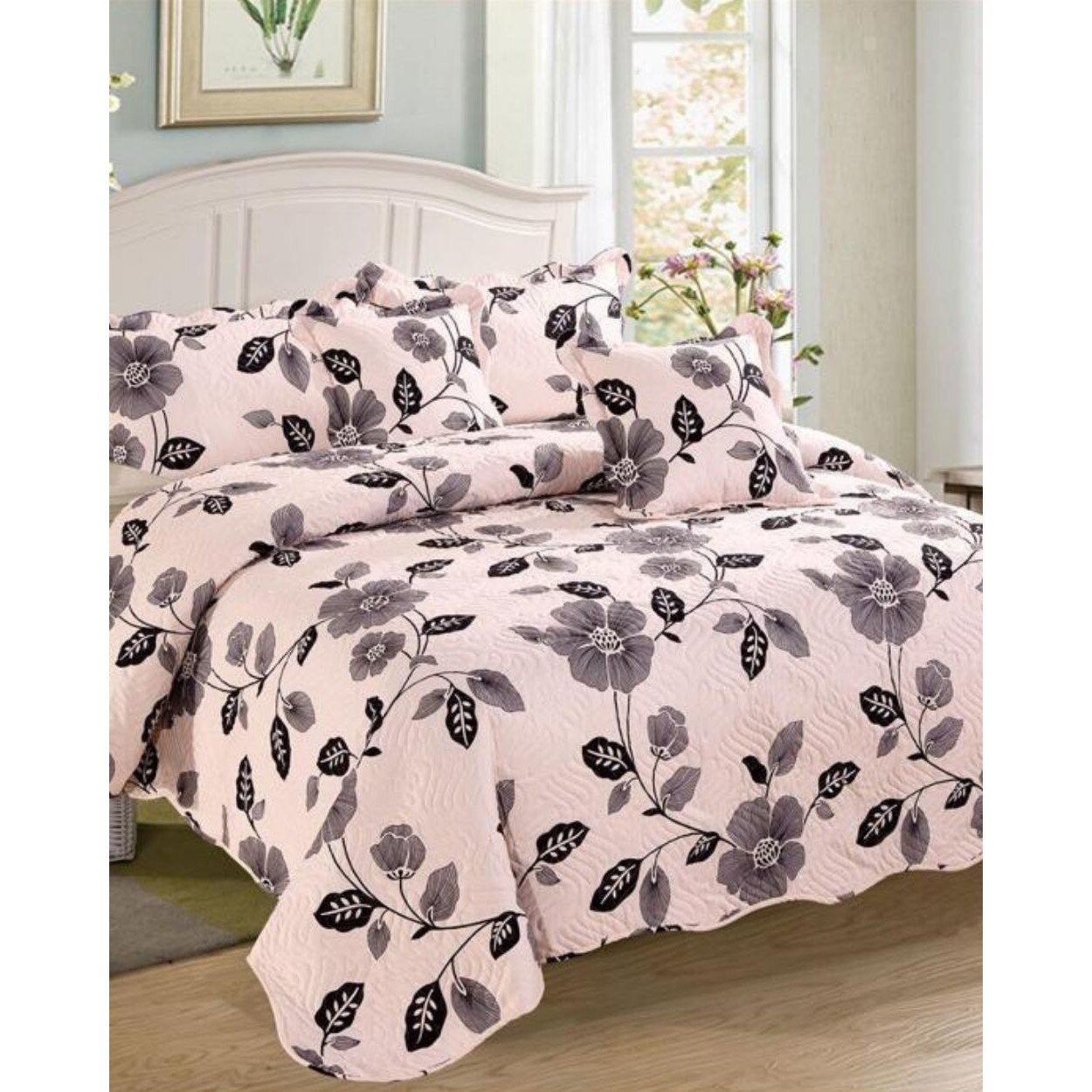 Set Cuvertura de Pat si 4 Fete de Perna, Finet, 5 piese, Grey Flowers, CVY-21