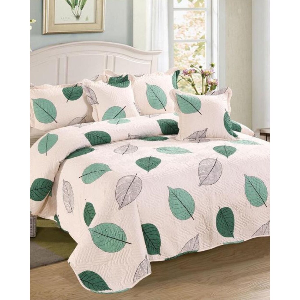 Set Cuvertura de Pat si 4 Fete de Perna, Finet, 5 piese, Frunze Verzi, CVY-23