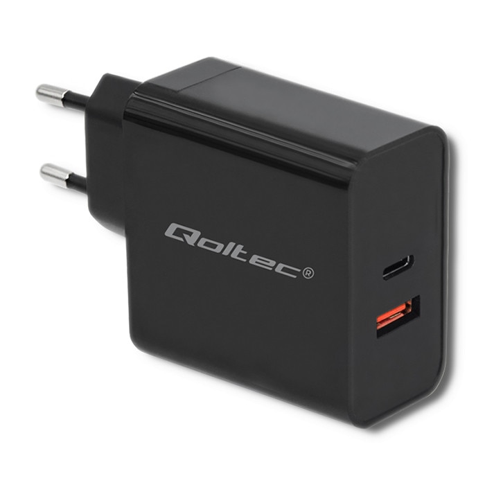 Incarcator Retea Qoltec, 63W, 5-20V, 1,5-3A, USB tip C PD, USB QC 3.0, Negru