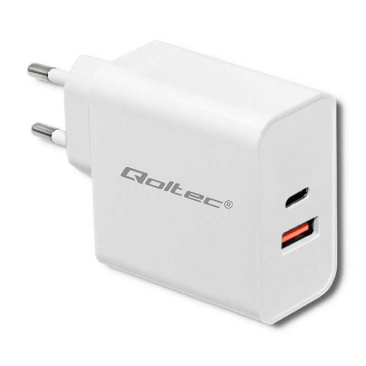 Qoltec hálózati töltő, 63W, 5-20V, 1,5-3A, C-típusú USB PD, USB QC 3.0, fehér