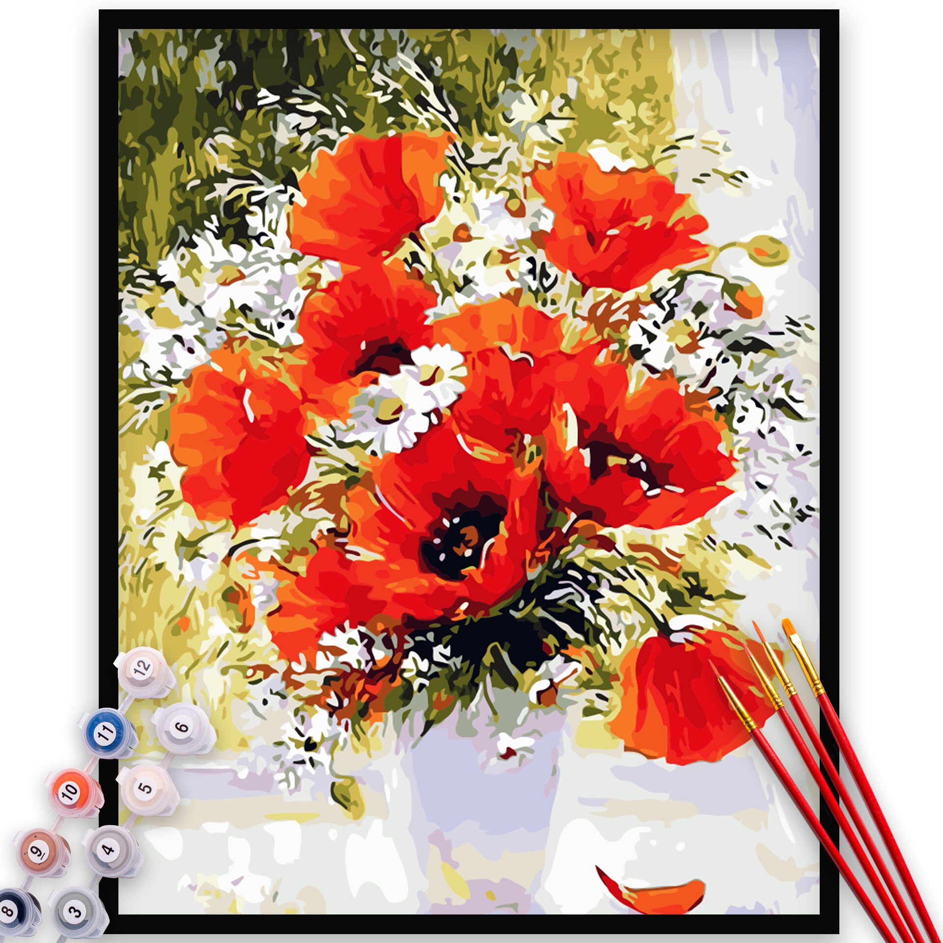 Kit Pictura pe numere, panza, rama lemn, pensule si culori acrilice, 40x50 cm, Flori, M700