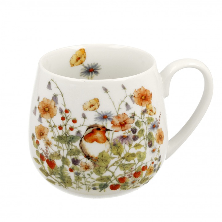 Cana din portelan DUO, Model floral, Alb, 430 ml