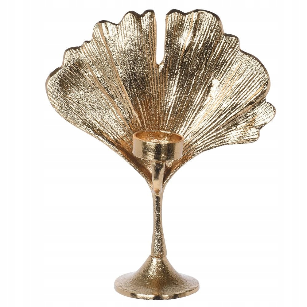 Suport lumanare, metalic, model frunza aurie, 27x22 cm