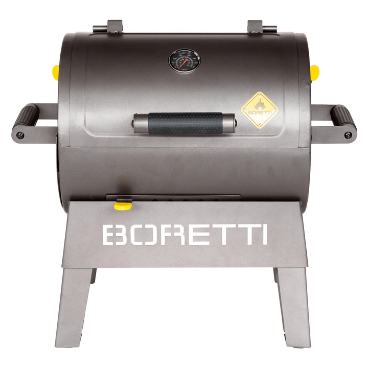 Преносима скара на дървени въглища Boretti, TERZO, повърхност за готвене 30 x 40 см, 2 чугунени скари, вграден термометър, термоизолирани дръжки, идеална за къмпинг и тераса, компактна, лесна за транспортиране, черна