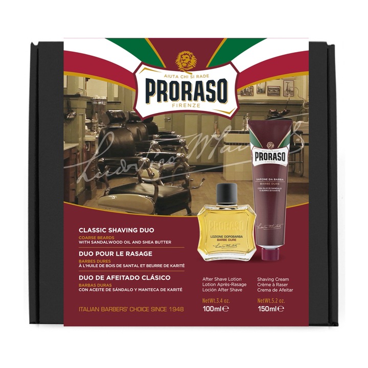 Set de barbierit cu after shave lotiune 100 ml si crema de barbierit 150 ml, Proraso, Sandalwood Duo Pack