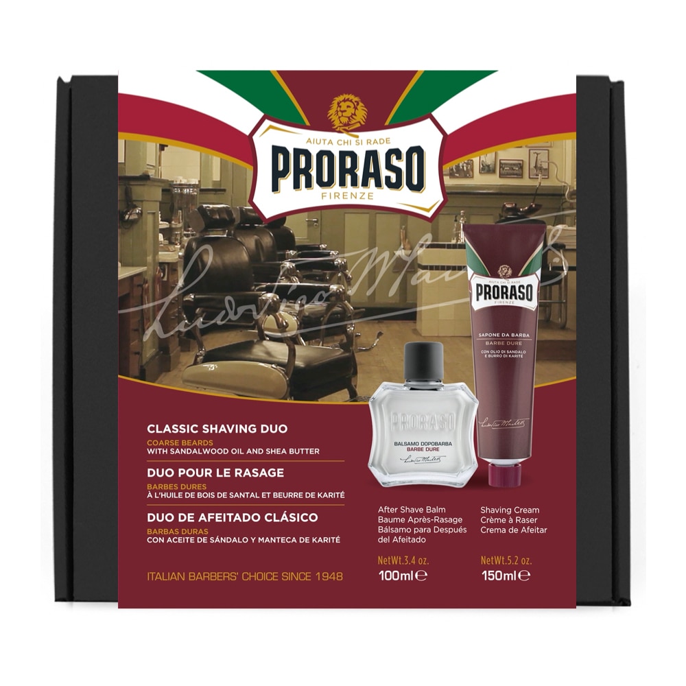 Set de barbierit cu after shave balsam 100 ml si crema de barbierit 150 ml, Proraso, Sandalwood Duo Pack