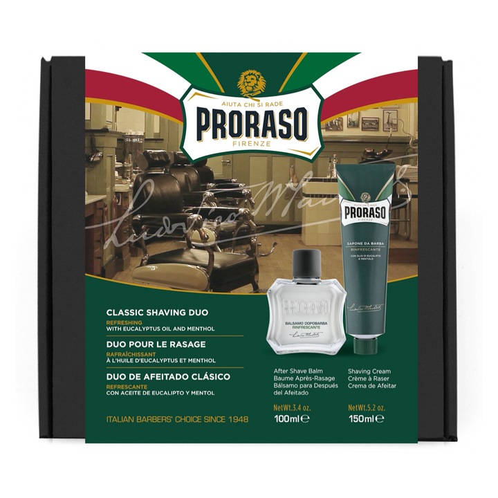 Set de barbierit cu after shave balsam 100 ml, crema de barbierit 150 ml, Proraso, Refreshing Eucalypt si Menthol Duo Pack