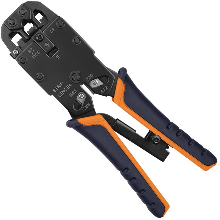 Cleste Crimpare RJ45 RJ11 RJ12, Qoltec, 3in1 Pentru 8P 6P 4P, Ideal Pentru Cabluri LAN Si Telefon, Taiere Precisa Si Izolare Curata, Maner Ergonomic Pentru Munca Zilnica, Constructie Din Otel Rezistenta La Uzura, 205 x 66 x 20 mm, Negru Portocaliu