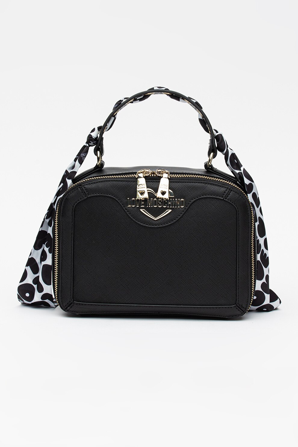 Love Moschino, Geanta din piele ecologica cu bareta de umar si accesoriu tip esarfa, Negru