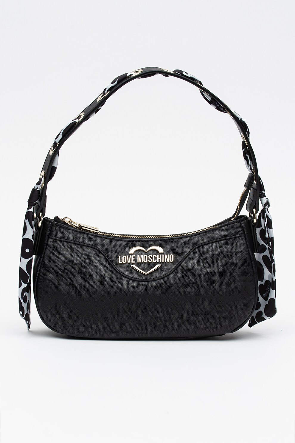 Love Moschino, Geanta baguette din piele ecologica cu esarfa, Negru