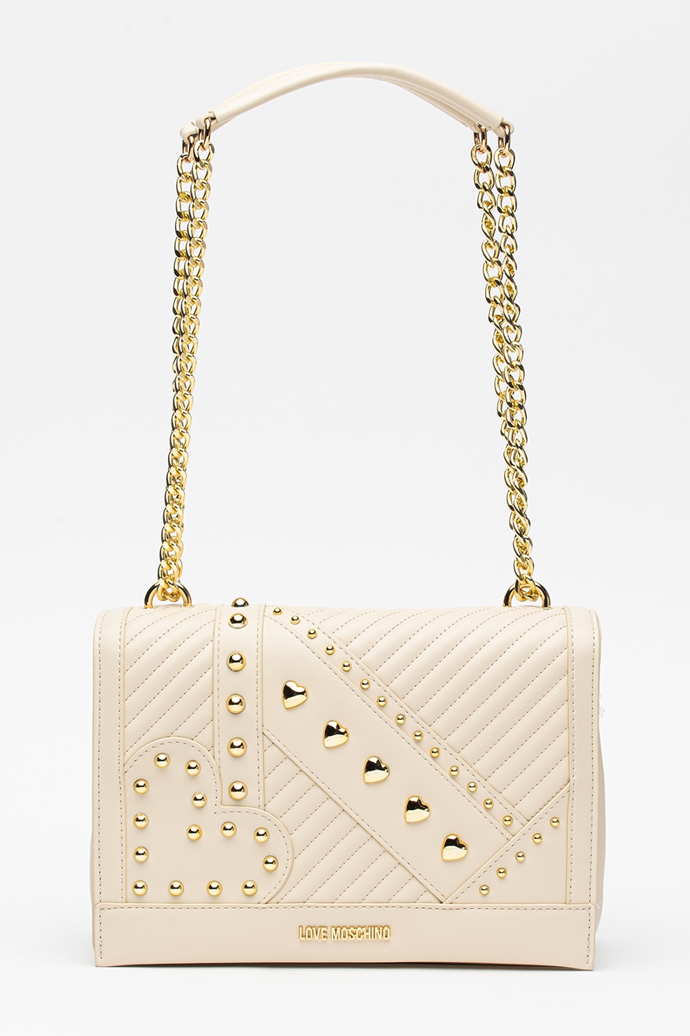 Love Moschino, Geanta din piele ecologica cu bareta de umar si tinte, Bej/Auriu