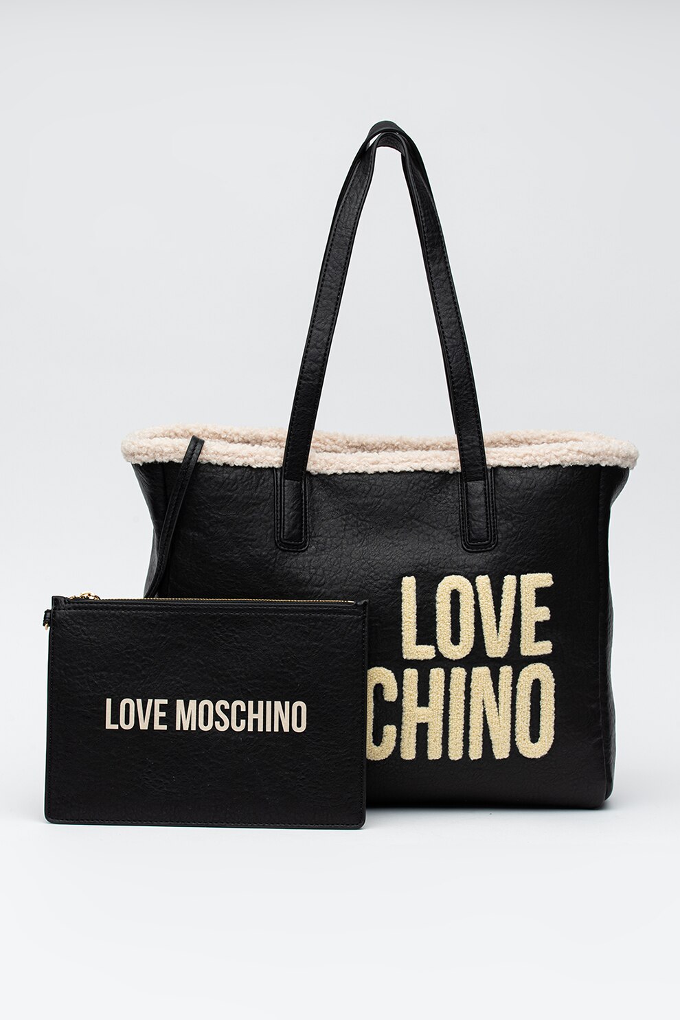 Love Moschino, Geanta shopper din piele ecologica cu etui interior, Negru/Crem