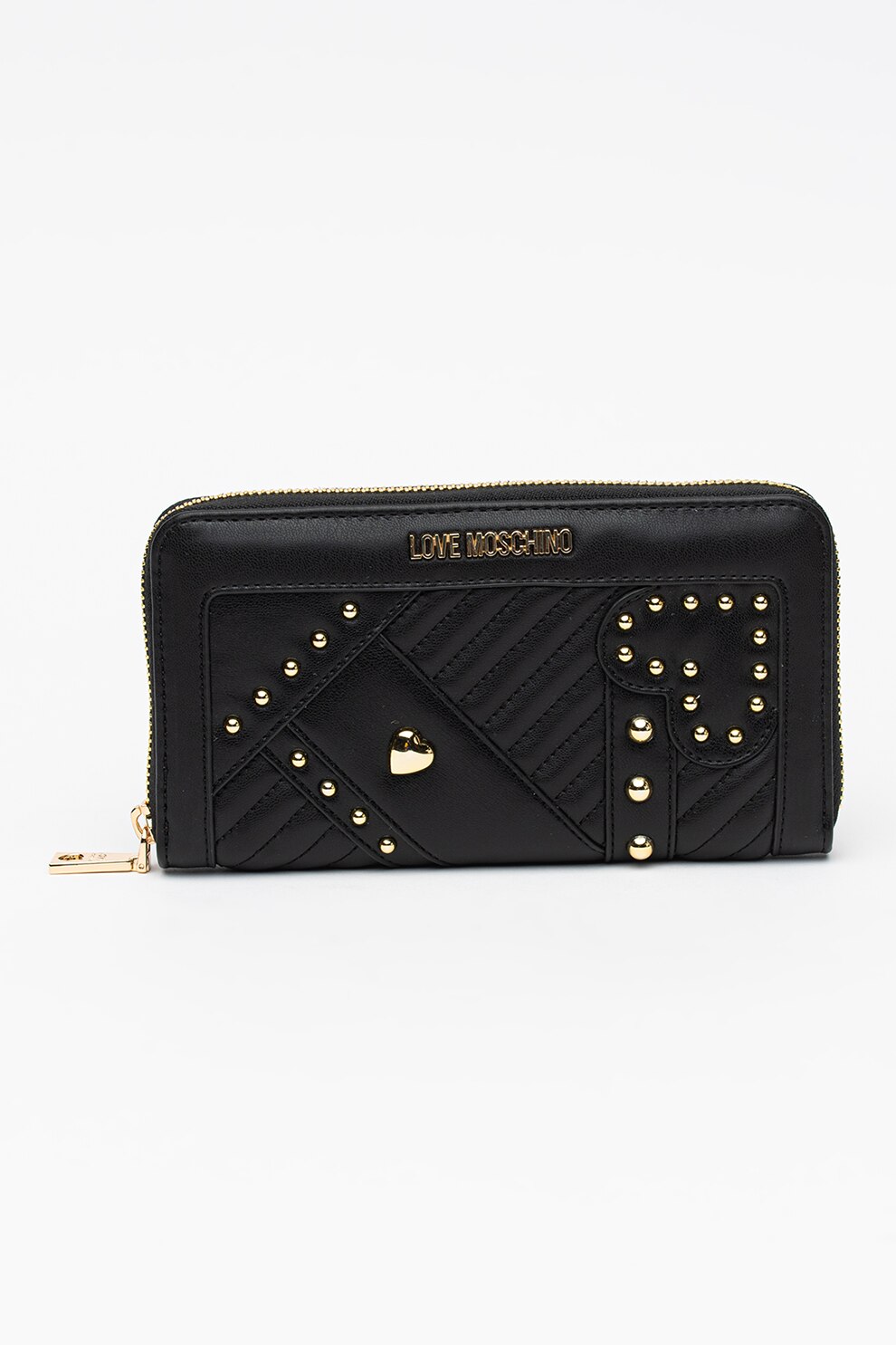 Love Moschino, Portofel din piele ecologica cu aplicatii cu nituri, Negru