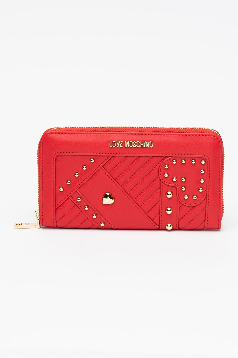 Love Moschino, Portofel din piele ecologica cu aplicatii cu nituri, Rosu