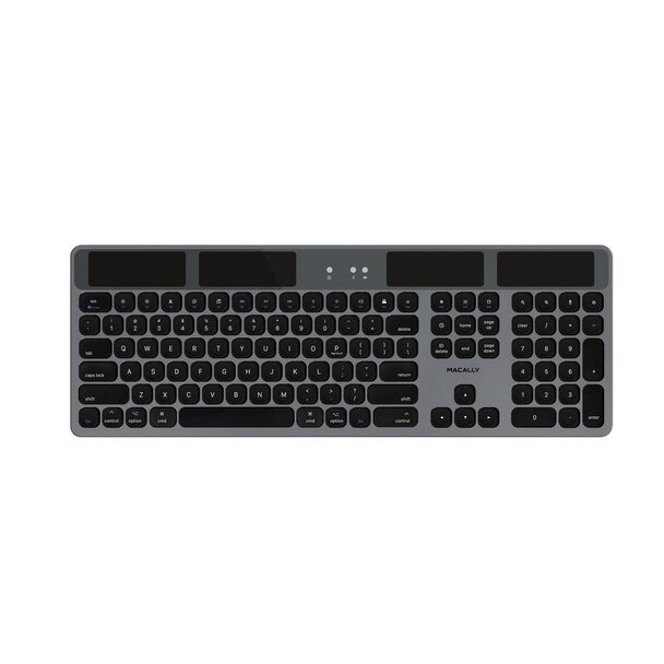 Tastatura Bluetooth fara fir cu incarcare solara pentru computerele MacBook si Apple, Macally Solar Powered Slim, (gri inchis)