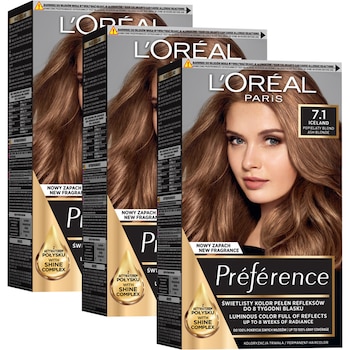 Pachet promo: 3 x Vopsea de par permanenta cu amoniac L'Oreal Paris Preference 7.1 Island, 174 ml Pachet promo: 3 x Vopsea de par permanenta cu amoniac L'Oreal Paris Preference 7.1 Island, 174 ml