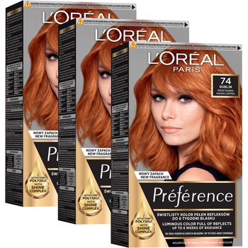Pachet promo: 3 x Vopsea de par permanenta cu amoniac L'Oreal Paris Preference 7.4 Dublin, 174 ml Pachet promo: 3 x Vopsea de par permanenta cu amoniac L'Oreal Paris Preference 7.4 Dublin, 174 ml